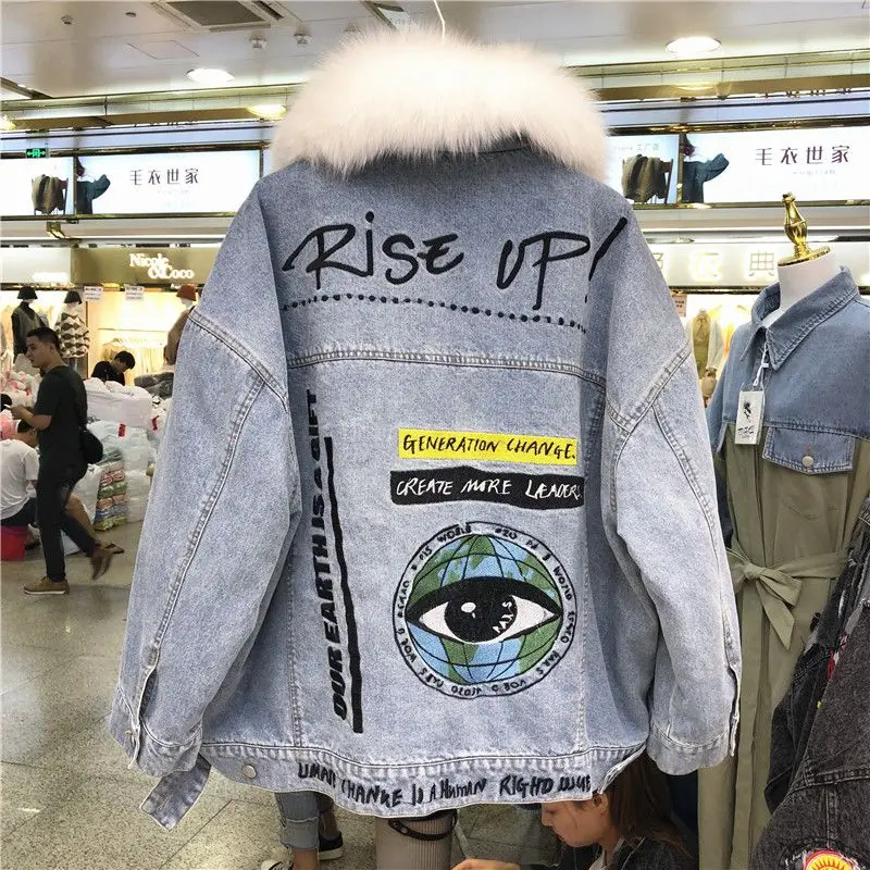 

2019 Winter Jacket Women Real Fur Outerwear Coats Female Winter Natural Fur Parka Denim With Real Fur Collar Lining New Arrival