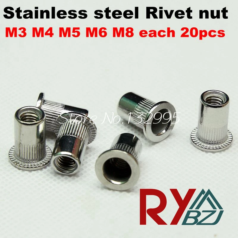 M3 M4 M5 M6 M8 each 20pcs SUS 304 Flat Head Rivet Nut kit total 100pcs Stainless Steel A2 Insert nut Blind Rivnut Insert