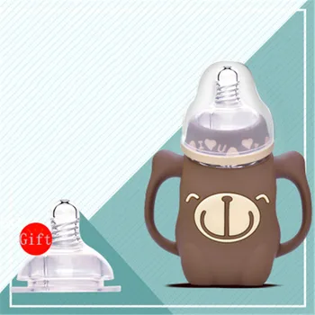 

240ml Glass silicone Funny Bear bottle Safety Infant Baby Silicone Feeding With Spoon Feeder Food Rice Cereal Bottle Best Gift