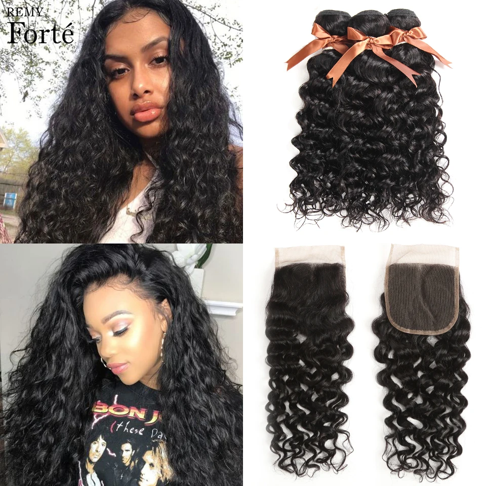 

Remy forte Water Wave Bundles With Closure 30 Inch Bundles With Closure Brazilian Hair Weave Bundles 3/4 Bundles With Closure
