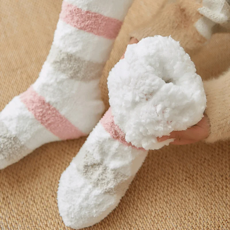 Теплые бархатные толстые носки женские домашние толстые флисовые полосатые носки-тапочки зимние милые короткие носки для девочек женские домашние носки для женщин