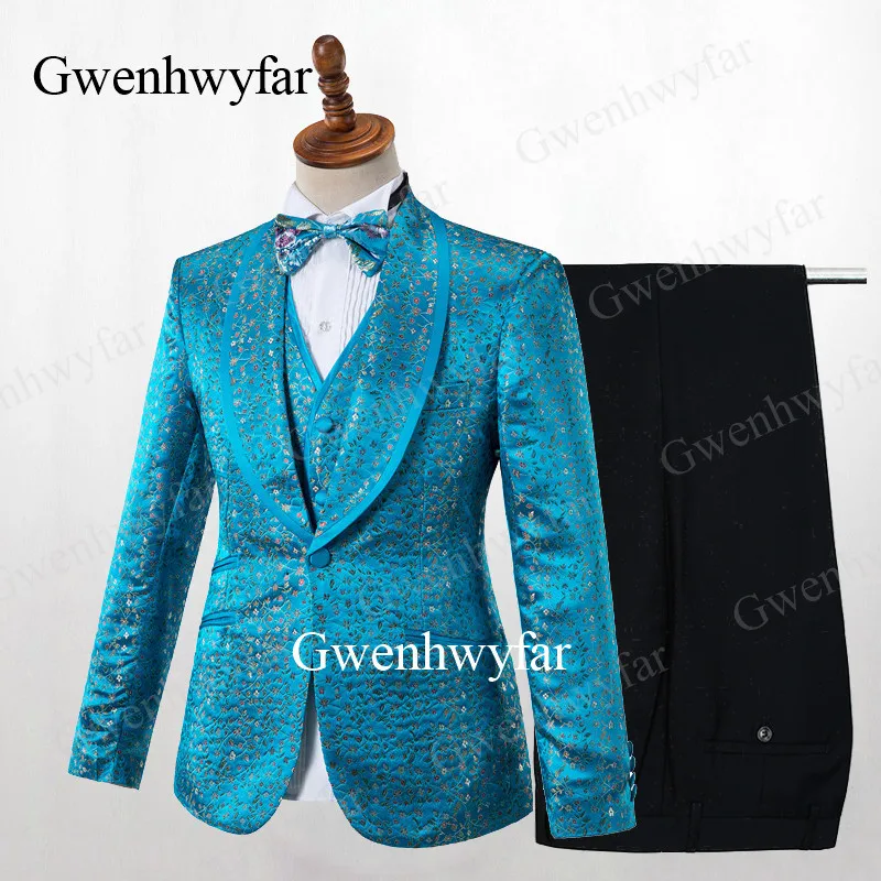 Gwenhwyfar, мужской костюм,, свадебные костюмы для мужчин, с отворотами, 3 штуки, приталенный, Голубое озеро, мужской костюм с цветочной вышивкой, смокинг, пиджак