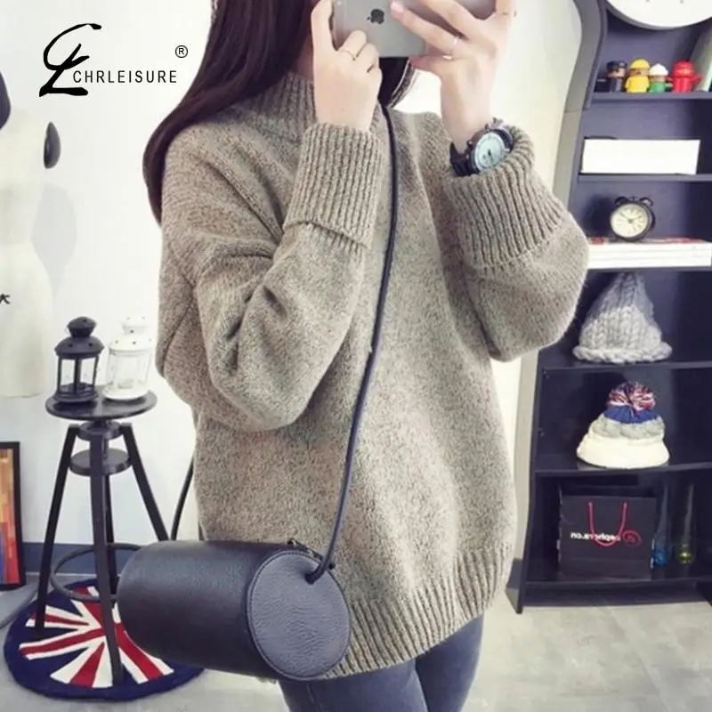 

CHRLEISURE Autumn And Winter Solid Color Sweater For Women Turtleneck Long Sleeve Female Knit Top Keep Warm Woman's Sweater