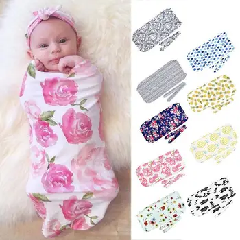 

Newborn Infant Fashion Floral Printed Swaddle Sleeping Bag Muslin Wrap Headband Set Photo prop Costume Blanket Headband Set