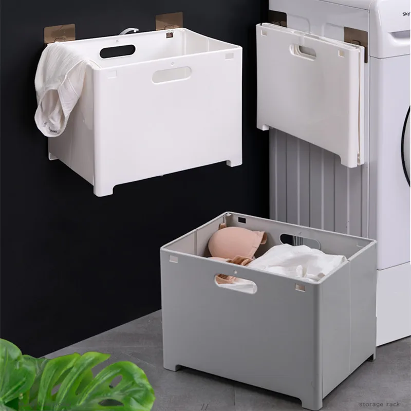 

Household Large Folding Hamper Bathroom No trace Punch-free Wall-mounted Debris Storage Basket Multi-function Laundry Storage