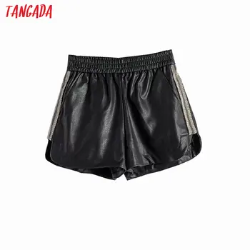 

women elegant black PU leather shorts beading decorate side pockets female retro basic casual shorts pantalones 1Y11