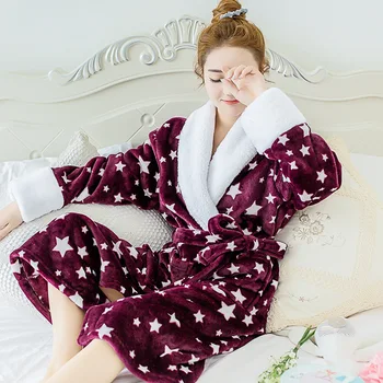 

Purple Thick Coral Fleece Nightwear Home Clothing Flannel Long Sleeve Female Kimono Bathrobe Gown Homewear Soft Winter Sleepwear