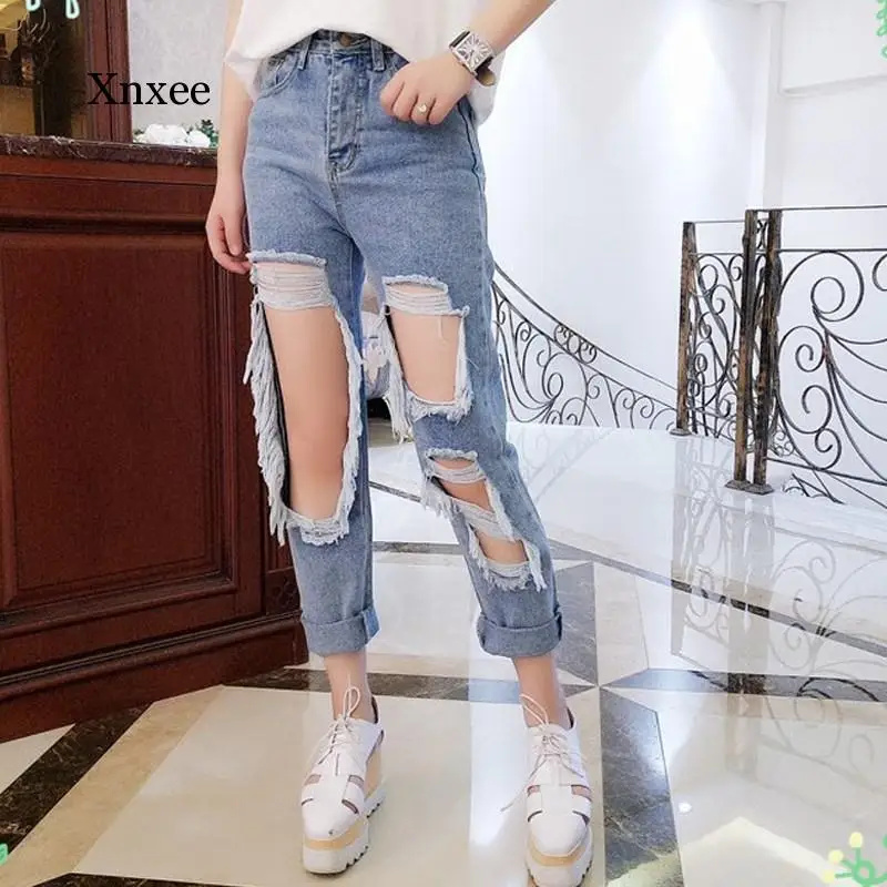 Ripped Jeans Women's Loose Thin Jeans Women Pants Breeches Overalls Vintage Female Torn Trousers long pants hole loose tassel