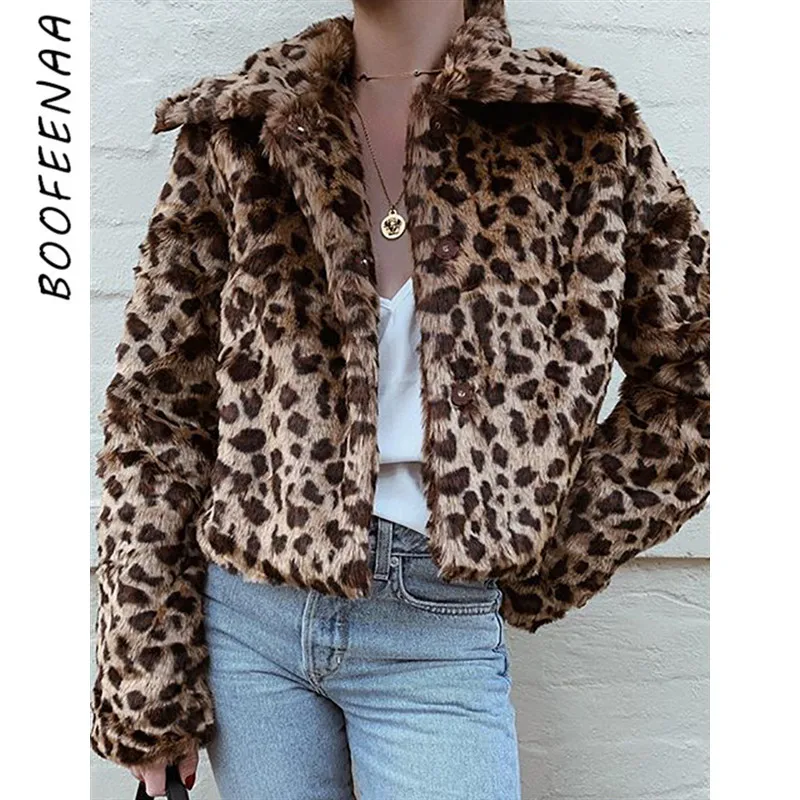 Ideal  BOOFEENAA Leopard Print Winter Jacket Women Fluffy Faux Fur Teddy Bear Coat Cheetah Fleece Cardigan