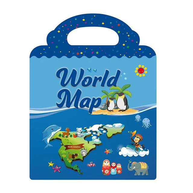 Children's Reusable Stickers Books Kawaii Stationery Stickers for Kids Early Education Cartoon Cute Stickers for Children Gift World Map-Reusable