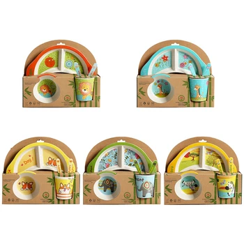 

Bamboo Fiber Baby Cartoon Eating Tableware Kids Dinner Plate Toddler Feeding Dishes Children Training Bowl Spoon Fork 5Pcs/Set