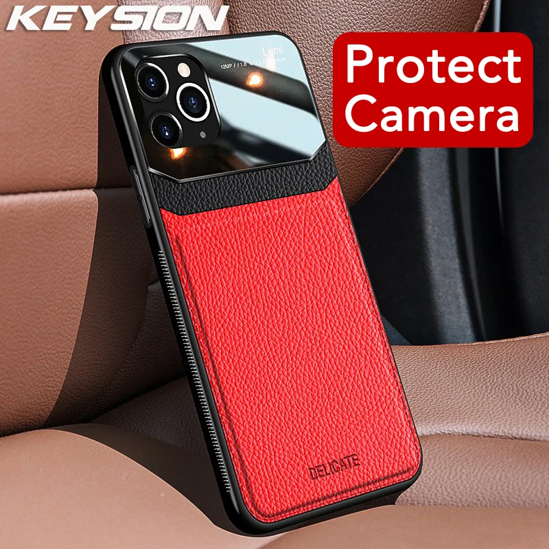 KEYSION Shockproof Case for iPhone 11 Pro Max PU Leather Mirror
Tempered Glass Phone Back Cover For iPhone 7 8 Plus 6S XR XS Max
