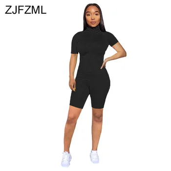 

Solid Sexy 2 Piece Set Sweat Suits Women Turtlenecks Short Sleeve Zipper Front Jacket and Bodycon Shorts Summer Two Piece Set