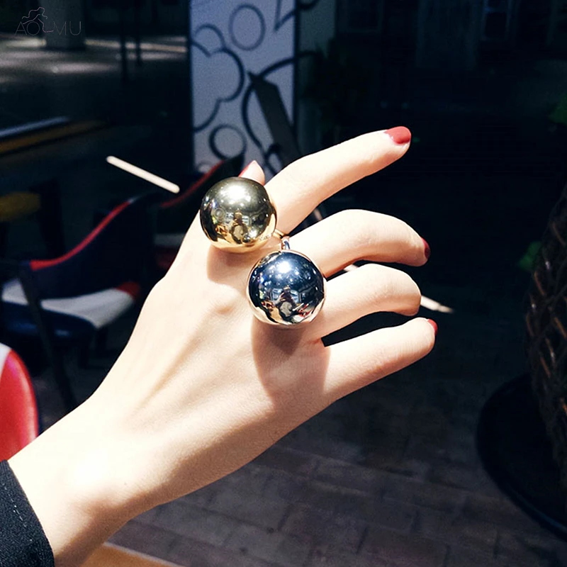 

AOMU New Gold Silver Color Big Metal Balls Ring Geometric Hyperbole Opening Fashion Jewelry Women Female Finger Rings Gifts