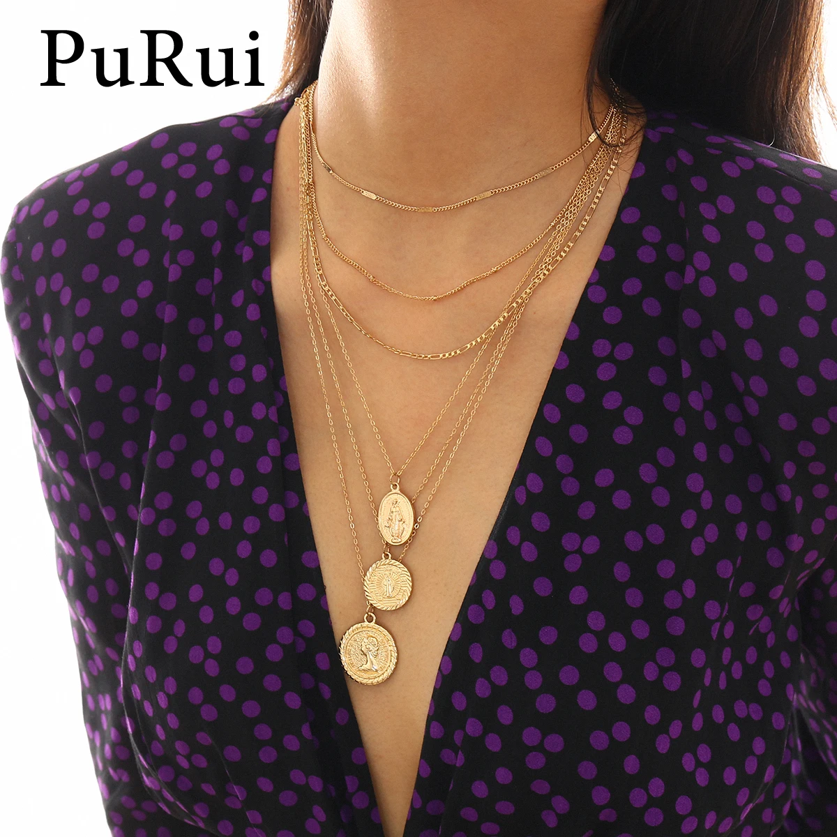 

PuRui Multilayer Chains Medal Coin Necklace Catholic Virgin Mary Oval Pendant Necklace Long Chain Choker Necklace Women Jewelry