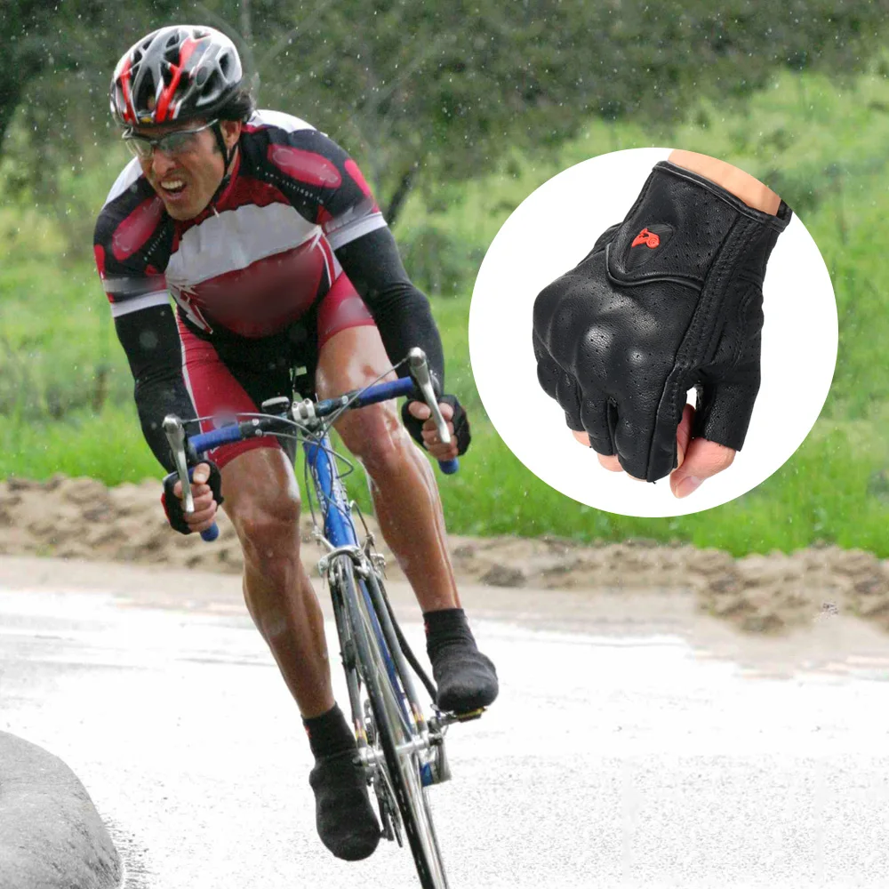 Motorcycle gloves Wear-resistant Leather Half Finger Gloves for Cycling Climbing Outdoor Black