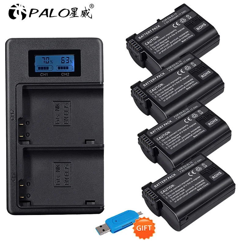 PALO 4pcs 2500mAh EN-EL15 EN EL15 ENEL15 7V battery case+ USB LCD Charger for Nikon DSLR D500 D600 D610 D800 D800E D810 D7000 - Цвет: 4pcs with charger