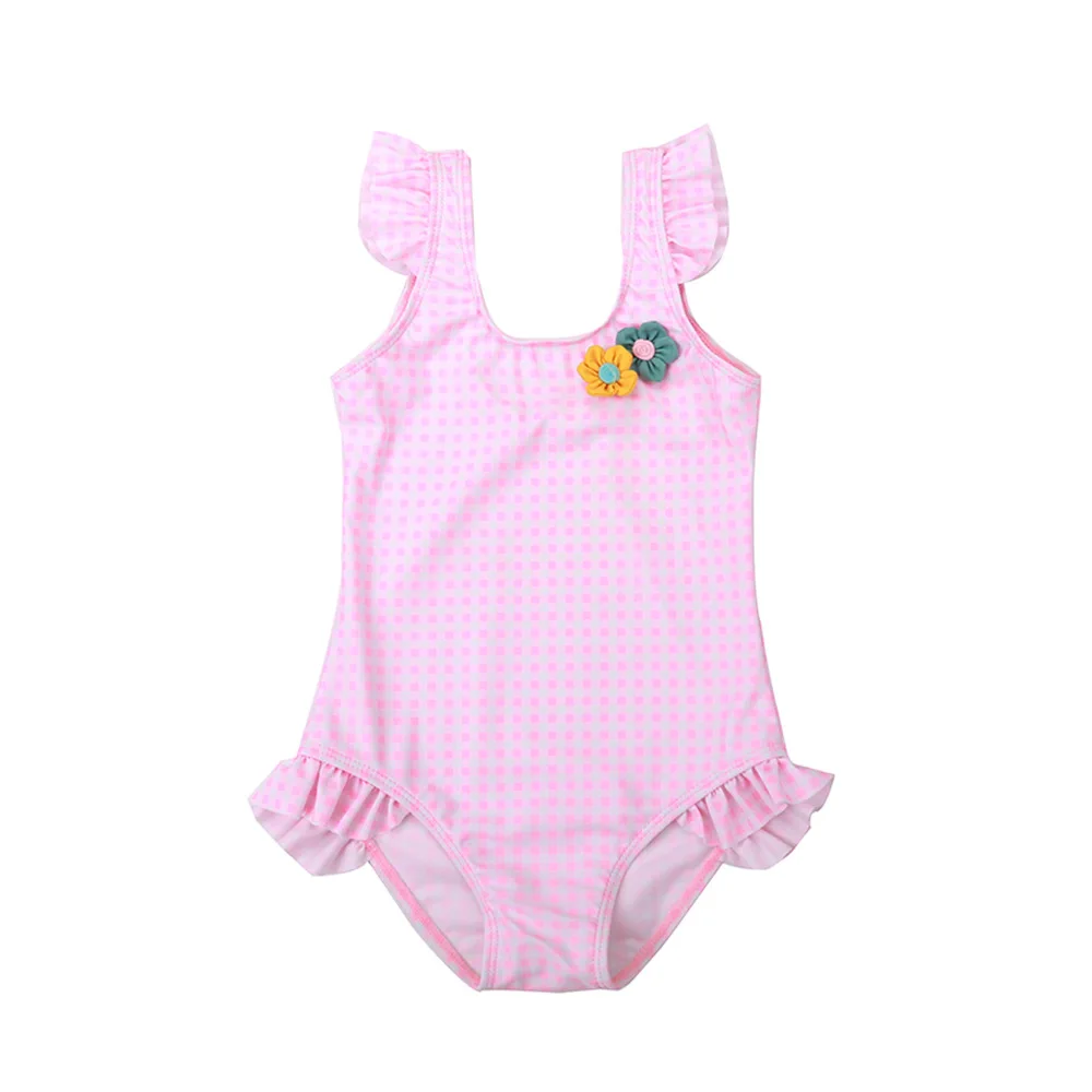 

2019 Europe And America New Style One-piece Swimming Suit Plaid Small Flower Flounced Sweet Little Princess Small CHILDREN'S Gir
