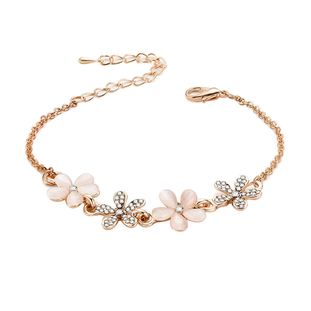 Elegant Flower Link Bracelet Cubic Zirconia Chain Bangle Anklet Wristband Adjustable with pink opal and bling rhinestone