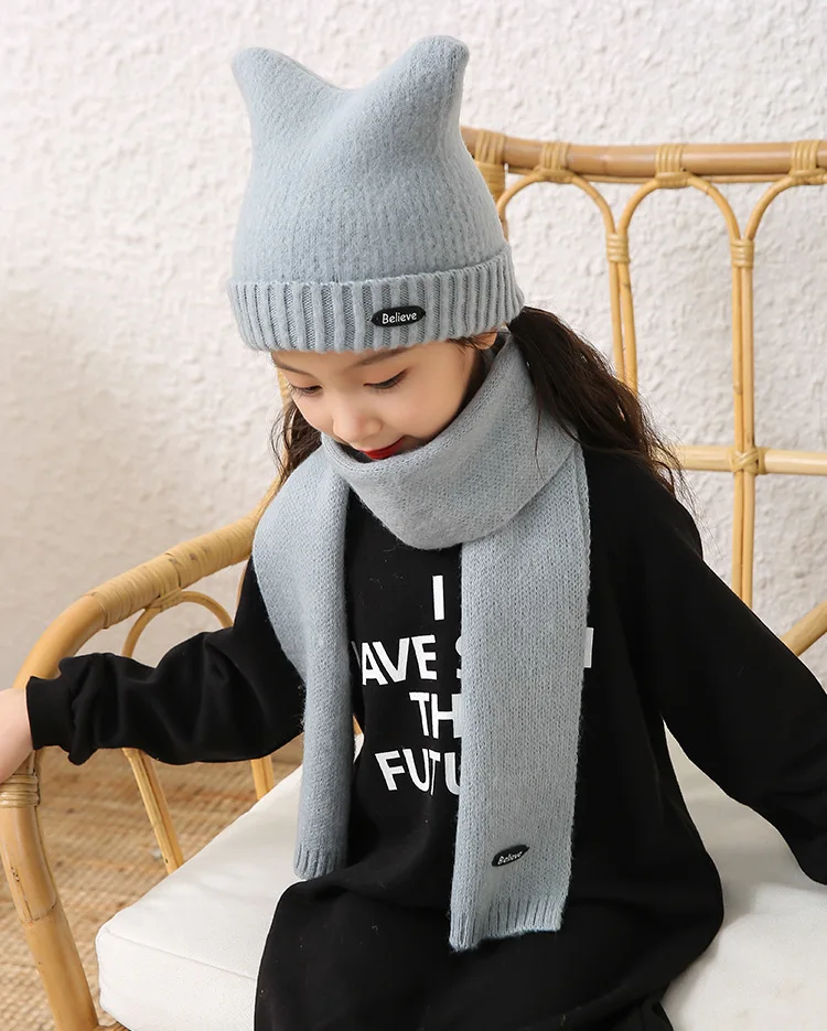 Детская шапка, шарф, комплект, Осень-зима, кашемировый вязаный однотонный корейский милый теплый шарф для девочек, шапка с кошачьими ушками