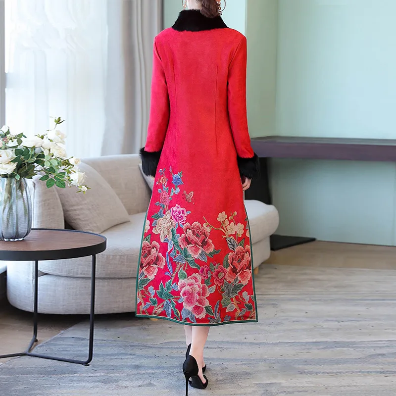Китайское традиционное женское платье Чонсам с длинным рукавом Qipao толстый хлопковый меховой воротник мать среднего возраста зимнее пальто чонсам
