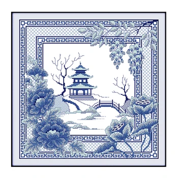 

Blue Landscape DIY Crafts11&14CT Printed Patterns Cross Stitch Kits DMC Counted on Canvas Embroidery Sets for Home Decorations