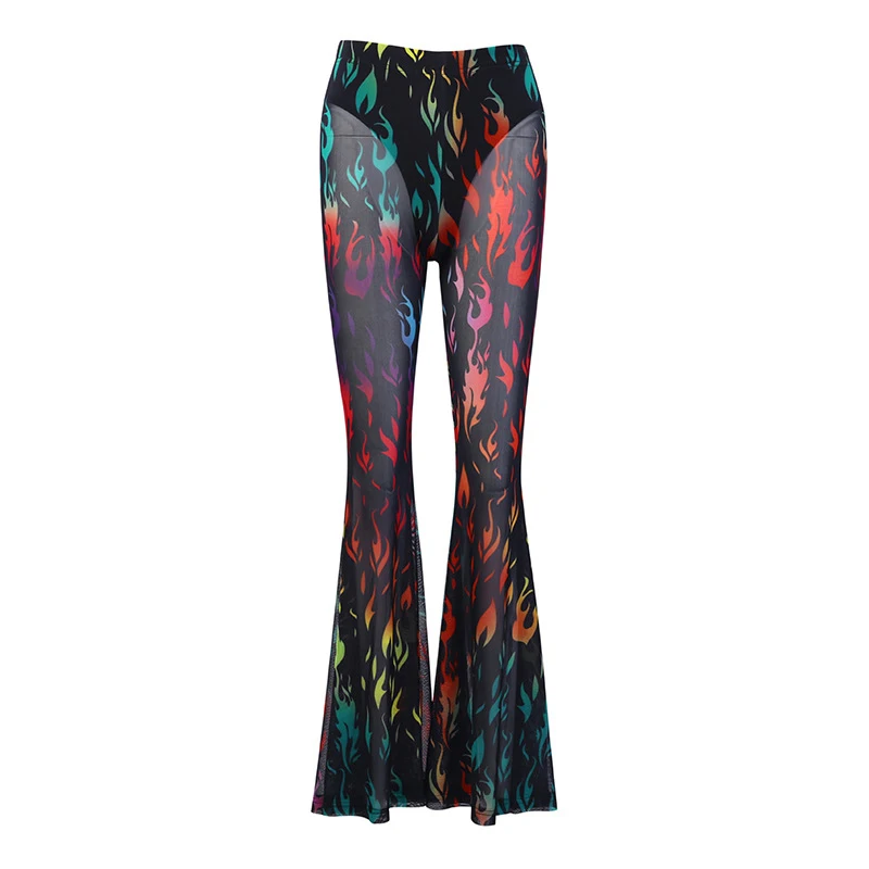 

2019 New Ladies Trousers Fashion Sexy Printed Flame Perspective Slim Bell-bottoms Long Women Pants