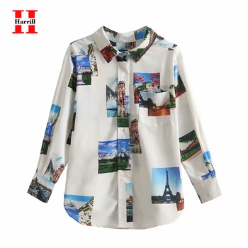 

Turn-down Collar Long-sleeved Shirts Women Tops Pocket Design Loose Oversize Shirts Printed Pattern Single-breasted camisas de