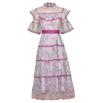 

Red RoosaRosee Stand Collar Flare Short Sleeve Perspective Mesh Slim Waist Embroidered Dress Summer 2020 Vestidos Robe Femme New