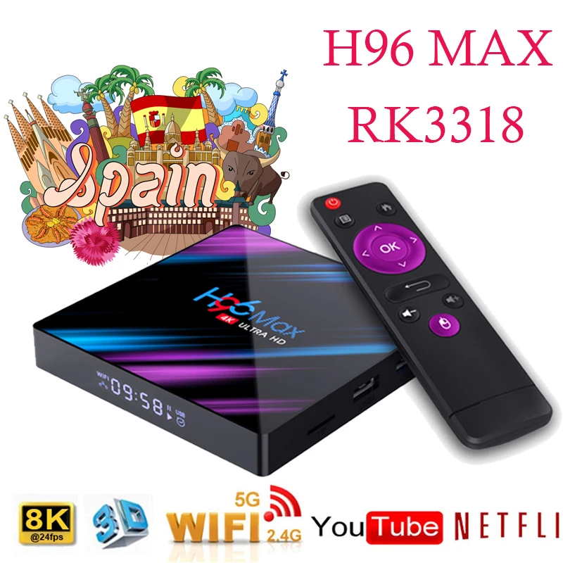 

Google Play Tv box android 9 H96 MAX Rockchip 3318 4G 64GB Android tv box Youtube 2.4/5.0G WiFi BT 4.0 4K 3DspainAndroid TV box