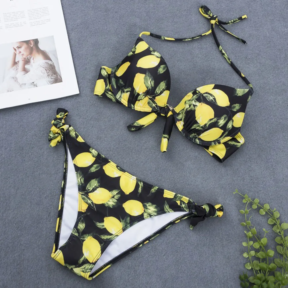 

Push Up Bikini Set Printed Swimsuit Women Bowknot Swimwear Female New Bathing Suit String May Beachwear Biquine