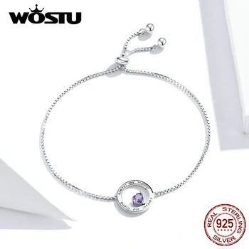 

WOSTU 925 Sterling Silver Forever My Friend Bracelet Round Purple CZ Adjustable Chain For Mother Best Friend Jewelry Gift FIB178