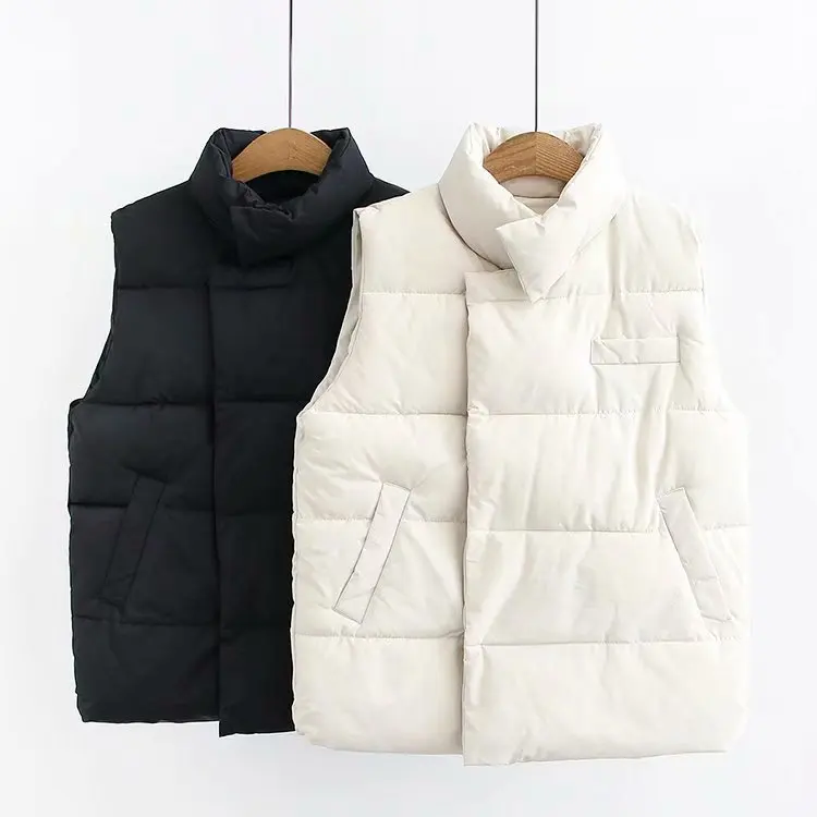 

2019 Autumn And Winter New Style Stand Collar Small Pocket Simple Warm Cotton Vest Women's Loose-Fit Tops Bicolor