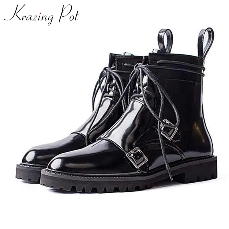 

krazing pot Internet star buckle straps lace up cow leather boots round toe winter women warm daily wear punk ankle boots L65