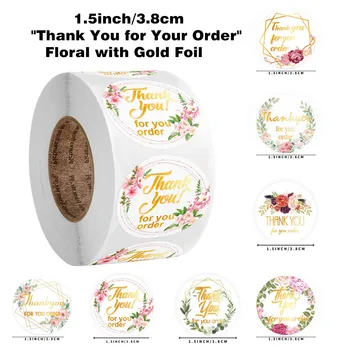 

New Charming 1.5inch/3.8cm Floral with Gold Foil "Thank You for Your Order" Sticker Seal Label for Boutique Bakery Gift Package