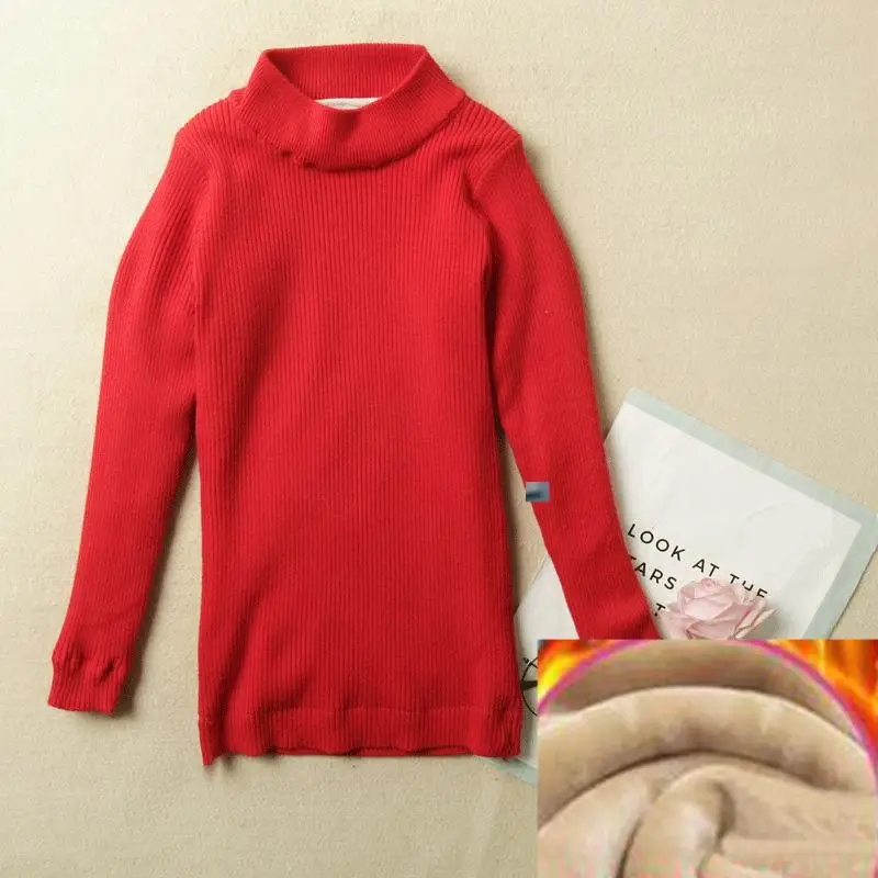 Свитера для маленьких девочек; осенне-зимний пуловер с длинными рукавами; вязаный однотонный Рождественский свитер с высоким воротником для детей; пуловер; топы - Цвет: thick red