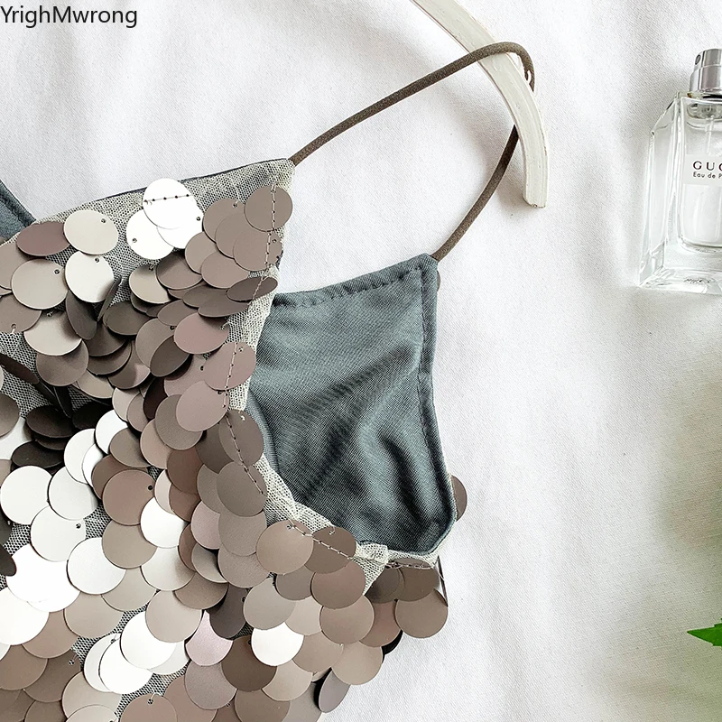 Сексуальный v-образный вырез с блестками с открытыми плечами спагетти короткий топ на бретелях женский летний модный вечерние Топ без бретелей без рукавов тройник