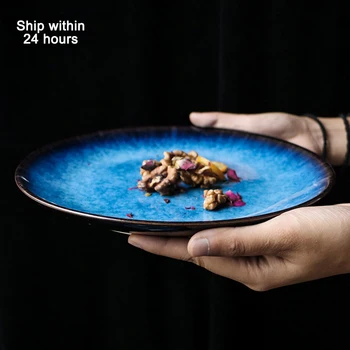 

Nordic Ceramic Tableware Household Creative Ceramic Plate Blue Tray Tableware Retro Steak Western Fruit Plate High-end Tableware
