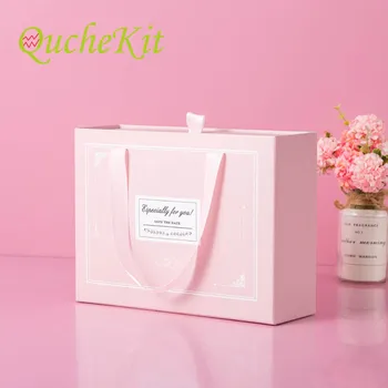 

Pink Cosmetics Portable Pull Gift Present Box Fresh Handheld Cardboard Gift Packaging Box Creative Ribbon For Valentine's Day