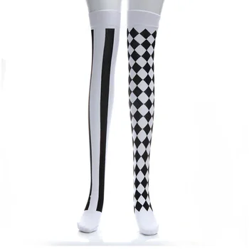 

Black and White Plaid Socks Adult Womens Harley Quinn Clown Circus Jester Stocking Alice in Wonderland
