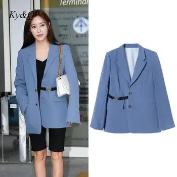 

High Quality Fashion Women Loose Jacket Designer Runway Turn-down Collar Blue Coat 2019 Winter Korean Single Breasted Clothes