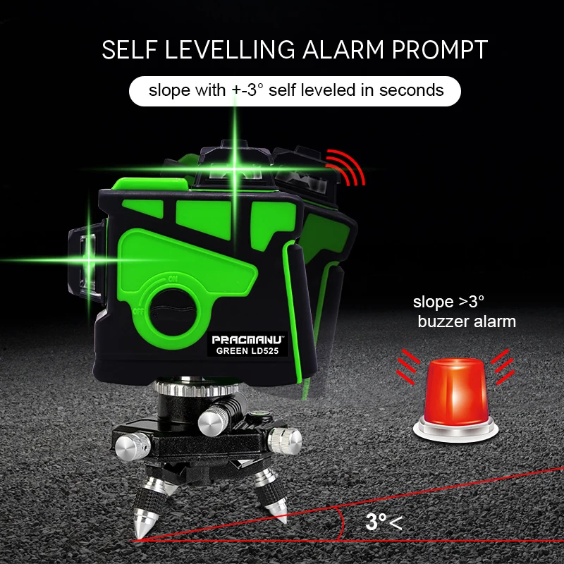 PRACMANU 12 Lines 3D Green Laser Level Horizontal And Vertical Cross Lines With Auto Self-Leveling