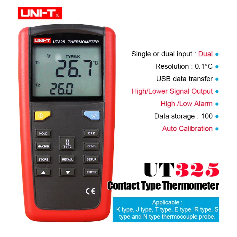 UNI-T пирометр контактного типа термометр UT325 UT321 промышленный измеритель температуры 2CH регистрация данных тест K/J/T/E/R/S/N - Цвет: UT325
