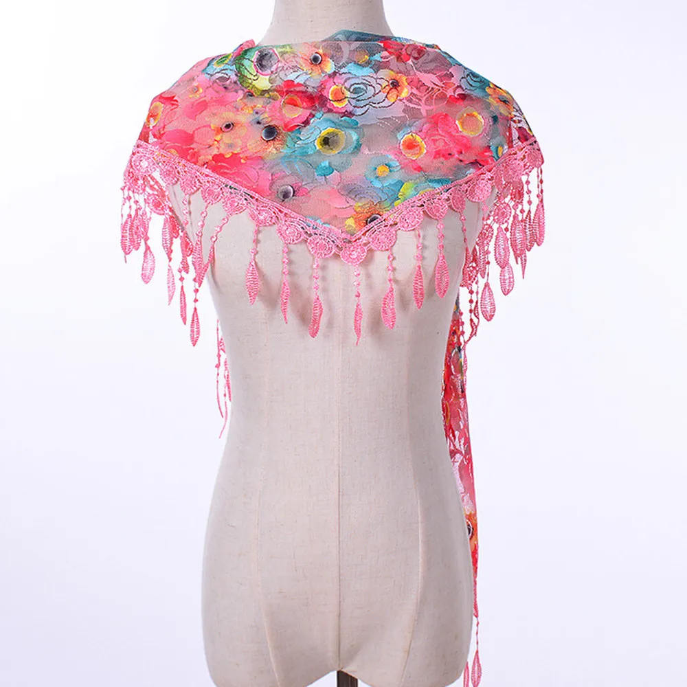 Женский модный треугольный шарф, кружевные цветочные летние пляжные шарфы с кисточками, пашминовый палантин, хиджаб, шаль с принтом