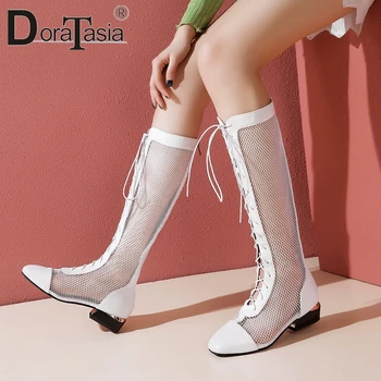 

DORATASIA Fashion Cool Girl Summer Boots Med Heel Party Casual Sexy Solid Boots Women Hollow Lace Up Mid Calf Shoes Woman