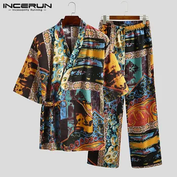 

Men's Pajamas Sets Kimono Printed Cotton Half Sleeve V Neck Lace Up Sleepwear Pants Japanese Leisure Men Nightwear Suit INCERUN