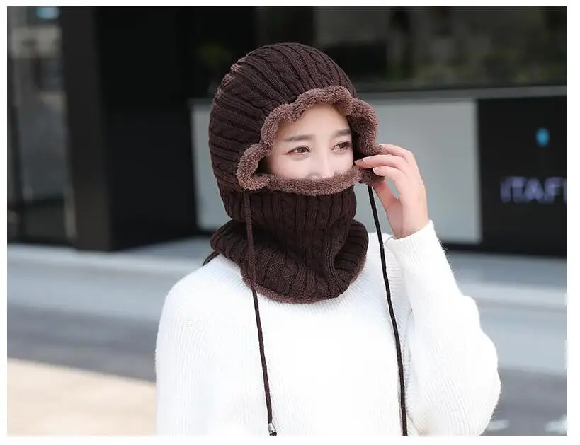 Seioum Woman Skullies Beanies Riding Windproof Mask Ear Protect Balaclava Winter Hats For Women Thick Warm Knitted Cap
