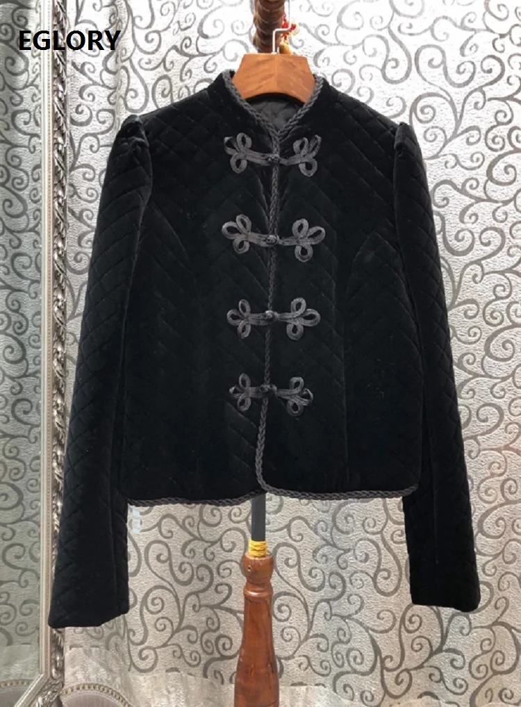 

Velvet Jacket 2019 Autumn Winter Vintage Coat Women Qipao Button Cotton Padded Long Sleeve Black Tops Coat Elegant 60s Outerwear