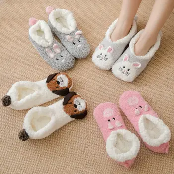

Women Winter Coral Velvet Cartoon Rabbit Pig Dog Animal Warm Fuzzy Slipper Socks