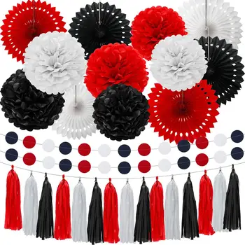 

Red White Black Tissue Paper PomPoms Flowers Ball Hollow Fans Tassel Garland Dots Graduation Ceremony Party Decoration Set